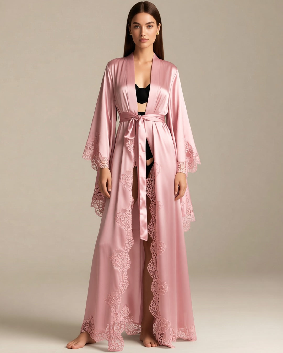 Long Satin Kimono Robe with Lace Trim in pink, front view on a model. Pieces other than the robe are styling only.