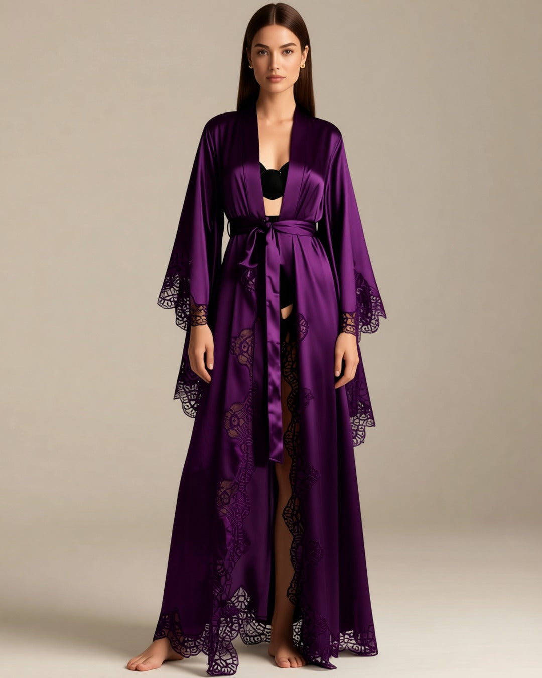 Long Satin Kimono Robe with Lace Trim in purple, front view on a model. Pieces other than the robe are styling only.