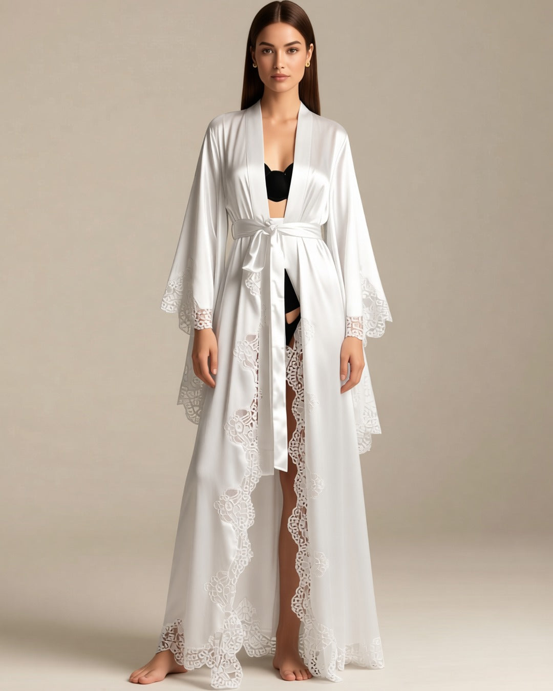 Long Satin Kimono Robe with Lace Trim in white, front view on a model. Pieces other than the robe are styling only.