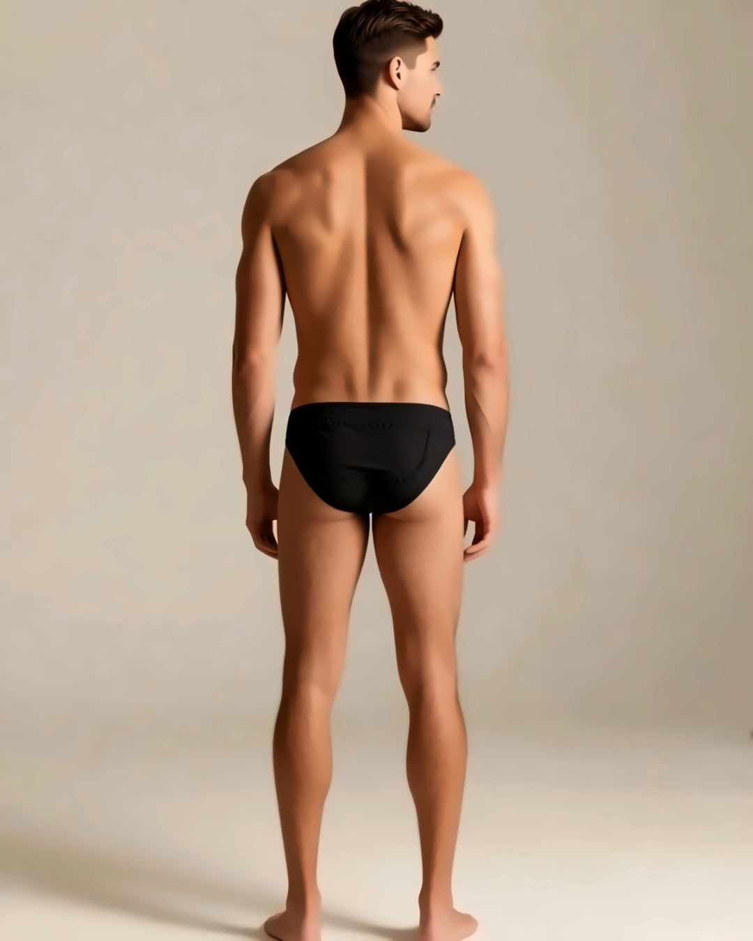 Men's Cheeky Low-Rise Bikini Briefs in black, back view on a model.