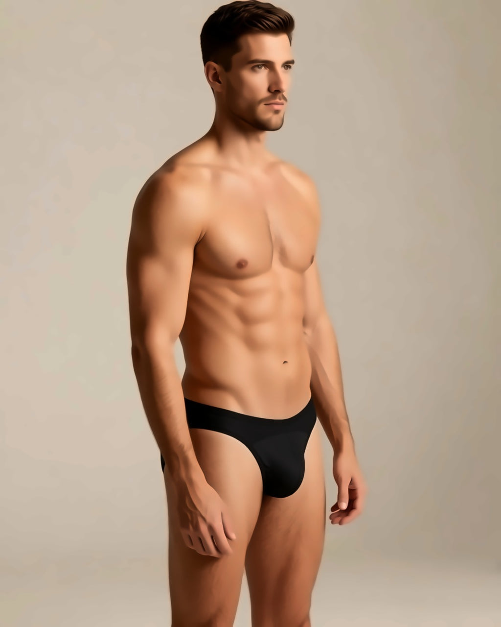 Men's Cheeky Low-Rise Bikini Briefs in black, three-quarter view on a model.