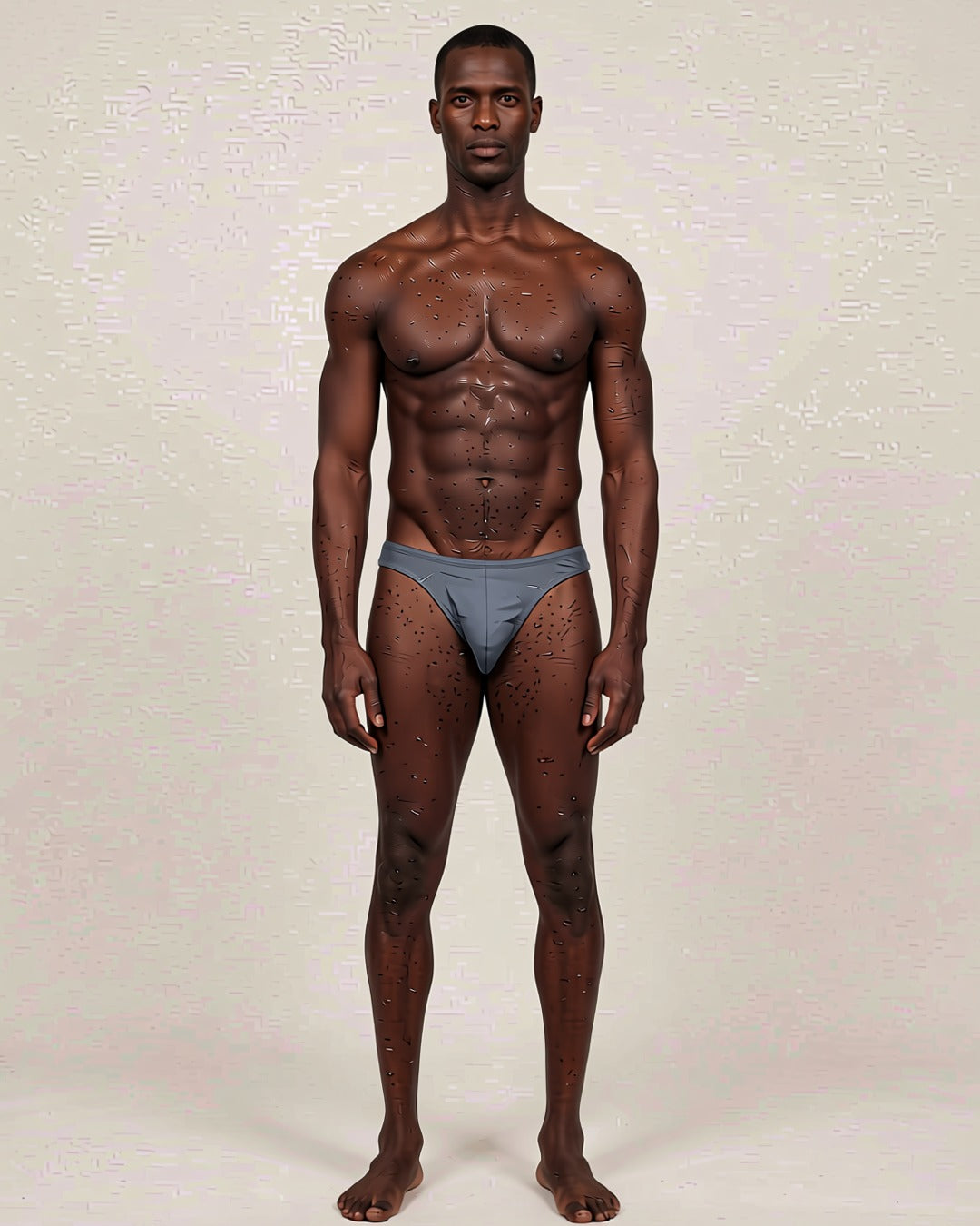 Men's Cheeky Low-Rise Bikini Briefs in blue grey, front view on a model.