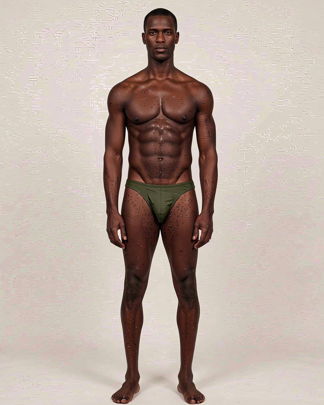 Men's Cheeky Low-Rise Bikini Briefs in dark army green, front view on a model.