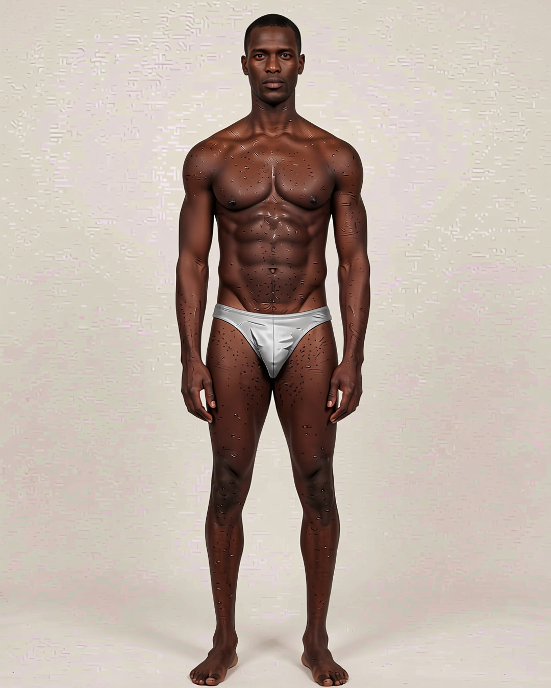 Men's Cheeky Low-Rise Bikini Briefs in light grey, front view on a model.