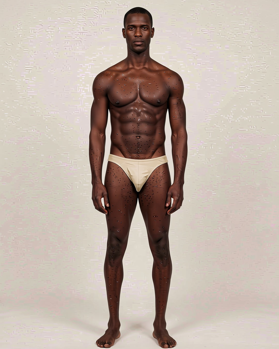 Men's Cheeky Low-Rise Bikini Briefs in light nude, front view on a model.