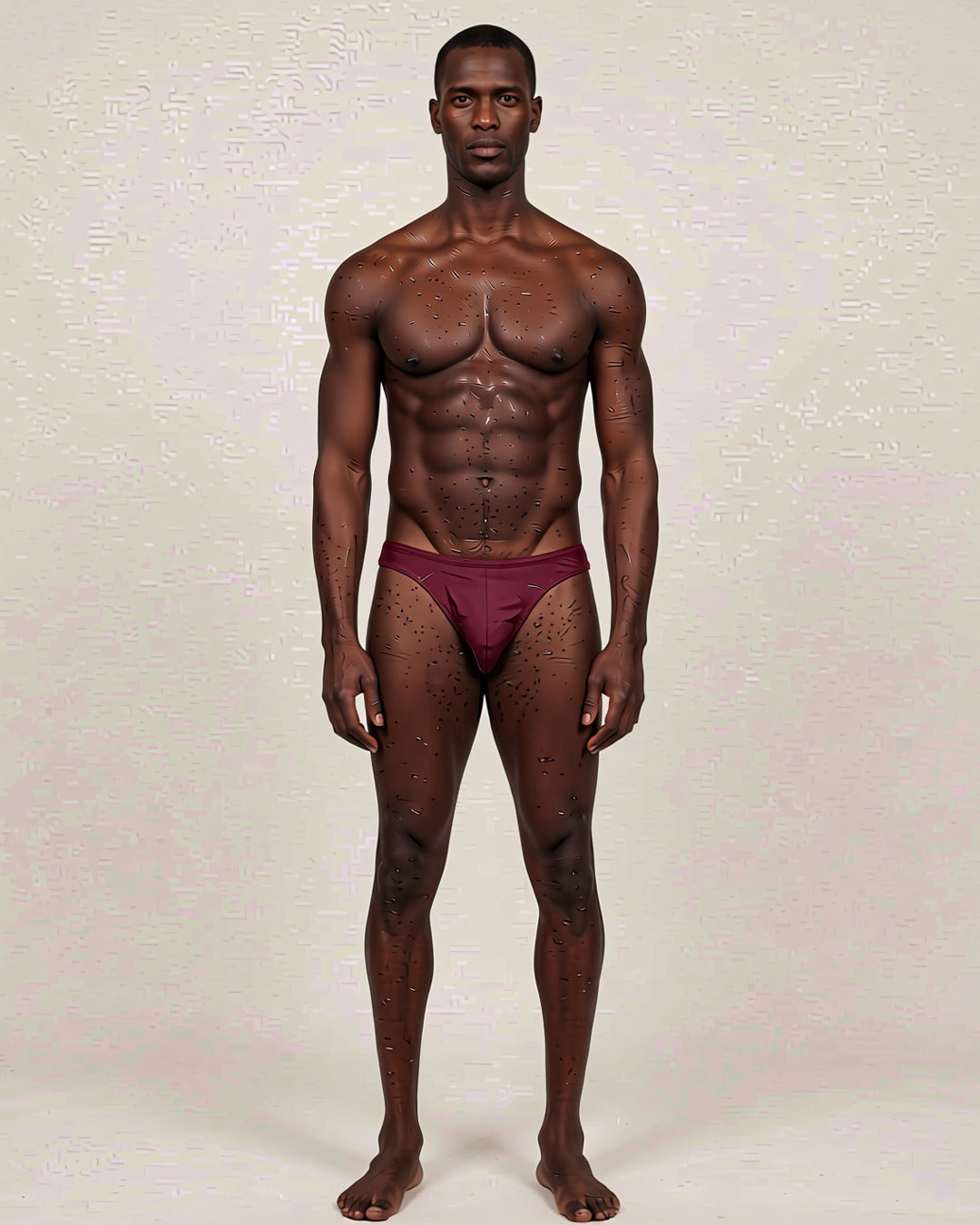 Men's Cheeky Low-Rise Bikini Briefs in wine red, front view on a model.