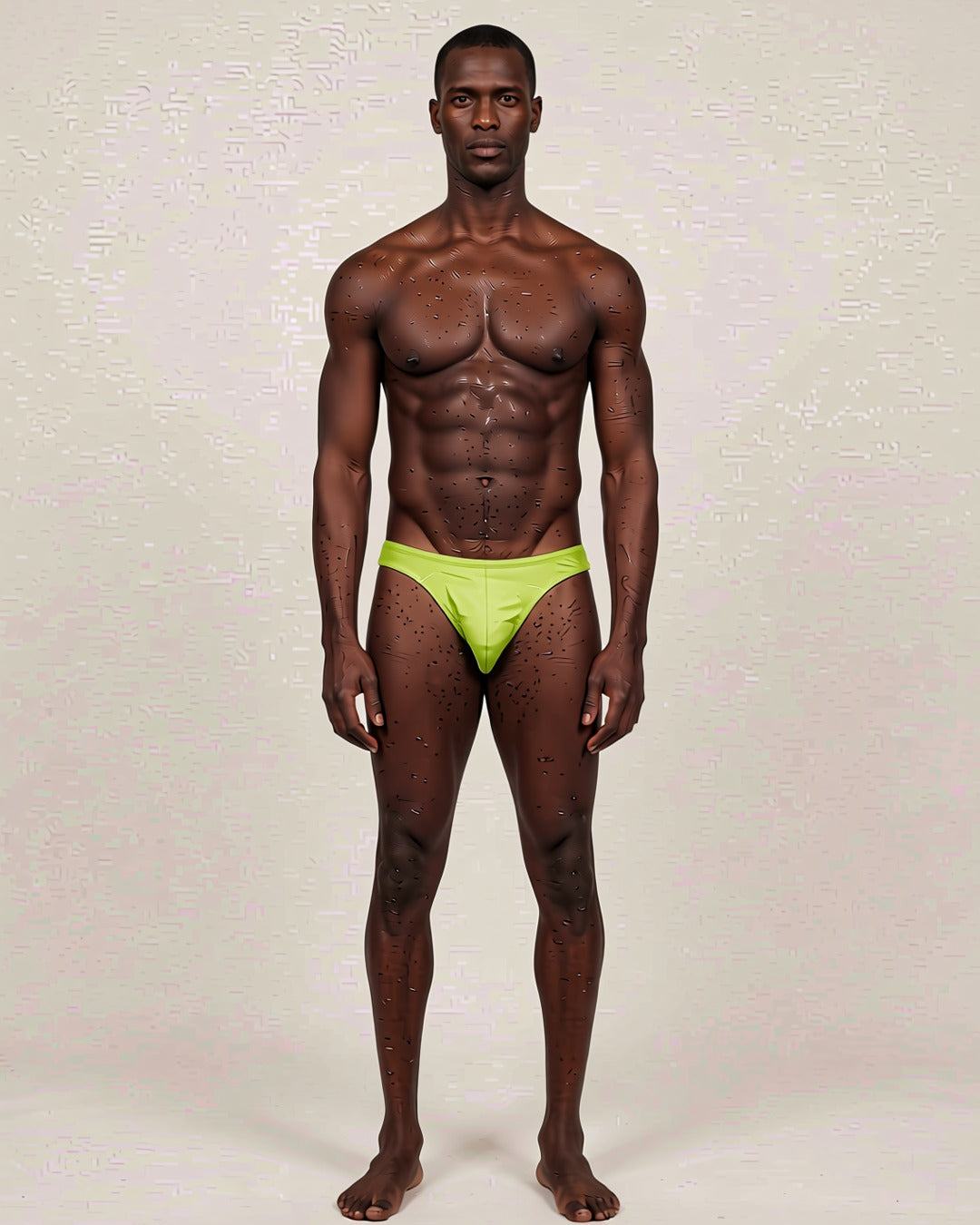 Men's Cheeky Low-Rise Bikini Briefs in yellow green, front view on a model.