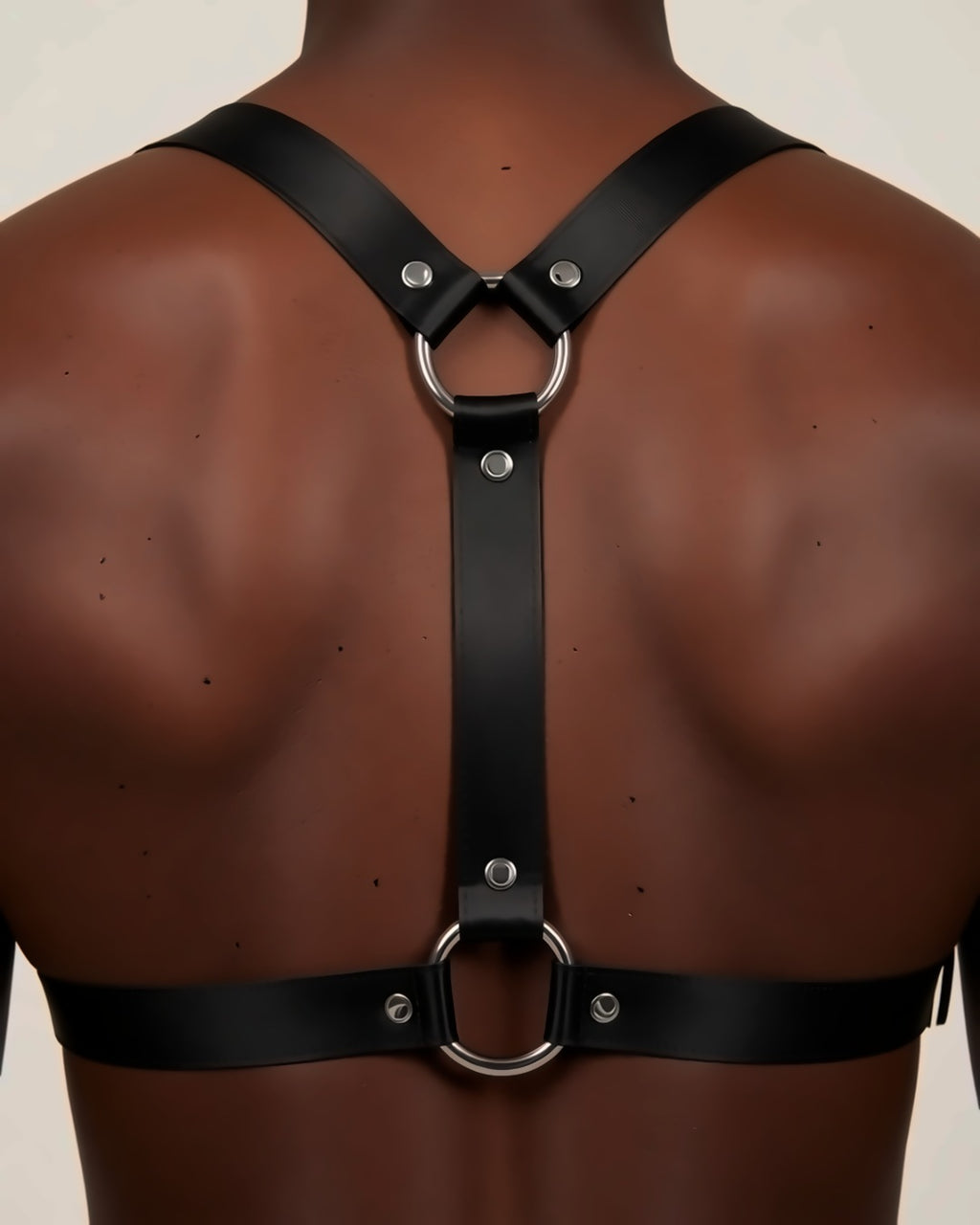 Men's Faux Leather Chest Harness, detail close-up of the back.