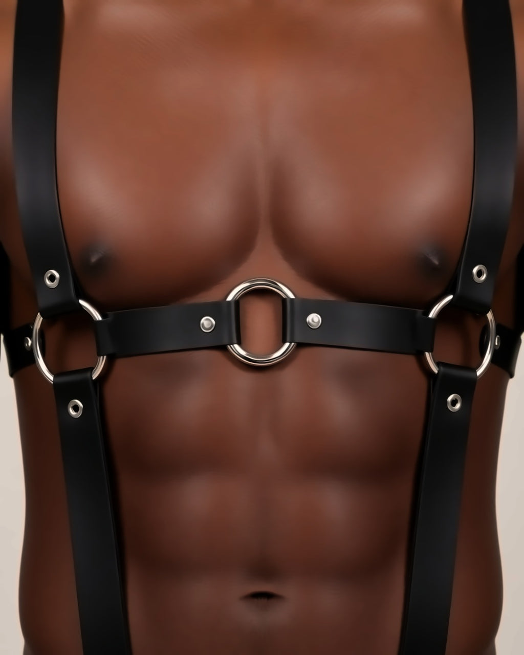 Men's Faux Leather Chest Harness, detail close-up of the front.