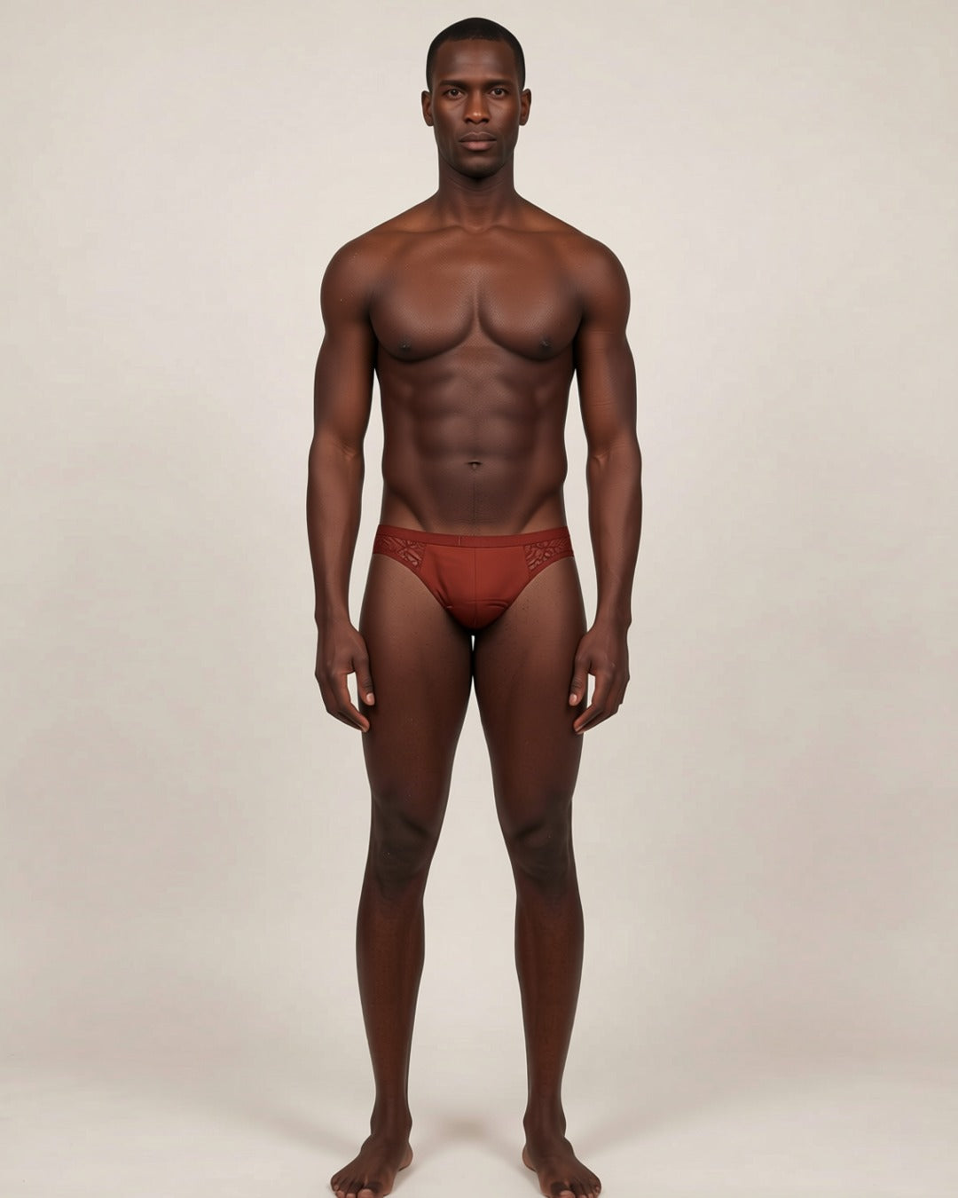 Men's Ice Silk Low-Waist Briefs in auburn, front view on a model.