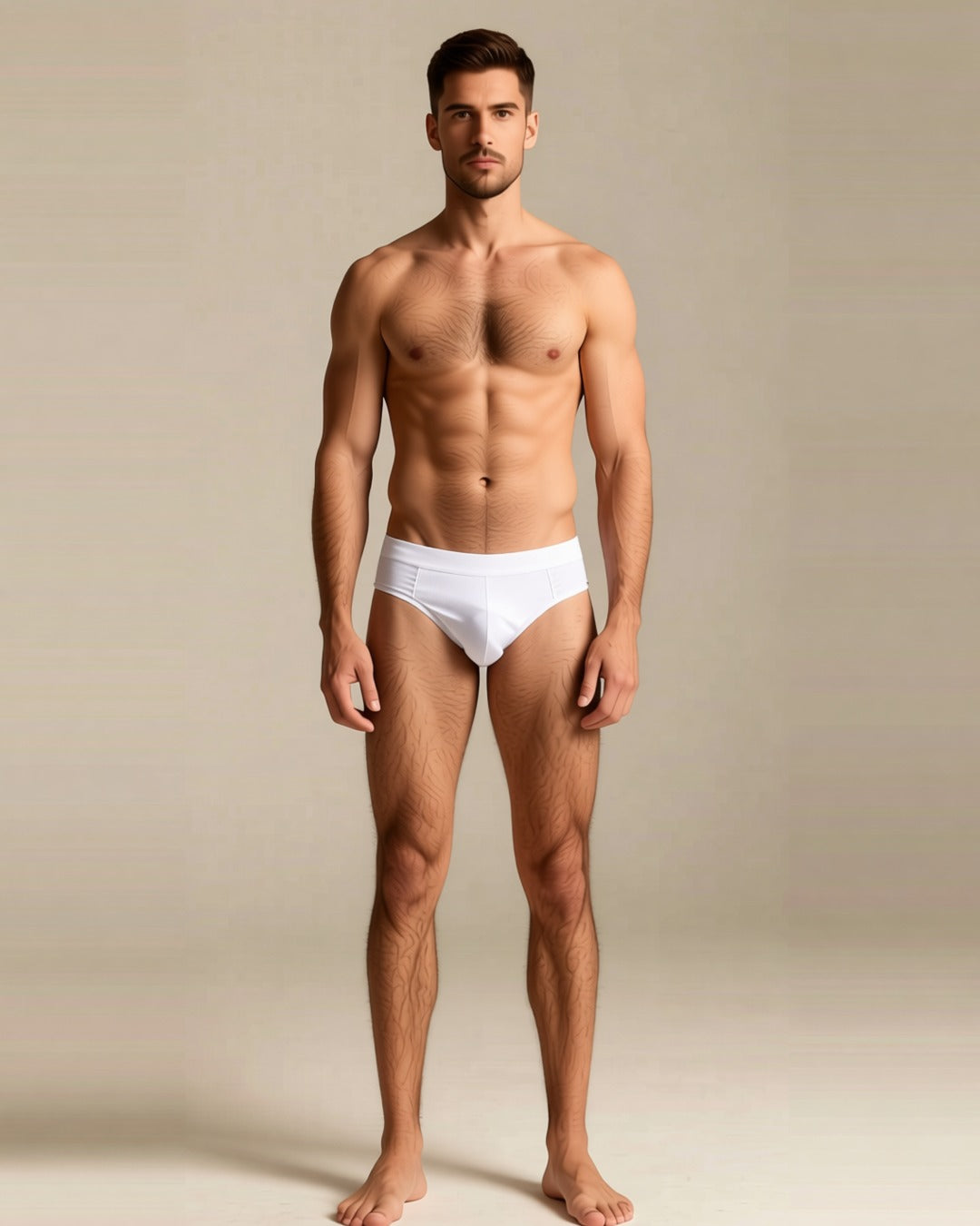 Men's Ice Silk Low-Waist Briefs in white, front view on a model.