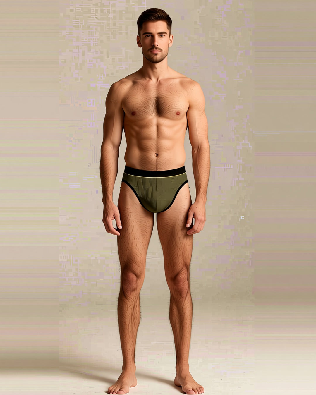 Men's Soft U-Pouch Briefs in army green, front view on a model.