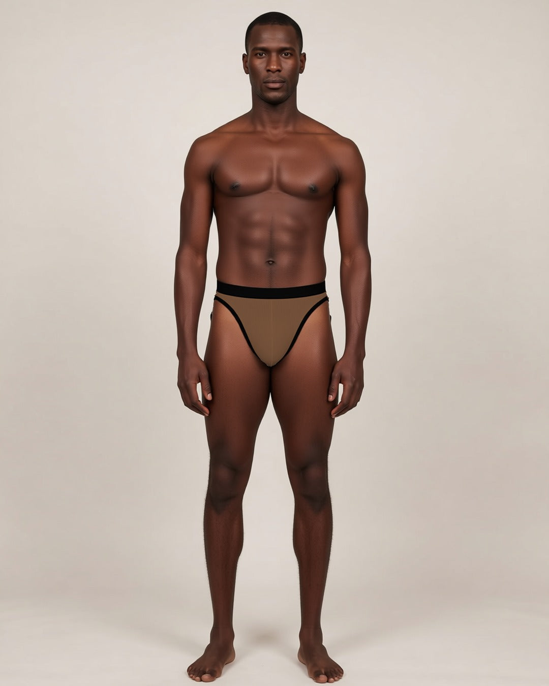 Men's Soft U-Pouch Briefs in coffee, front view on a model.