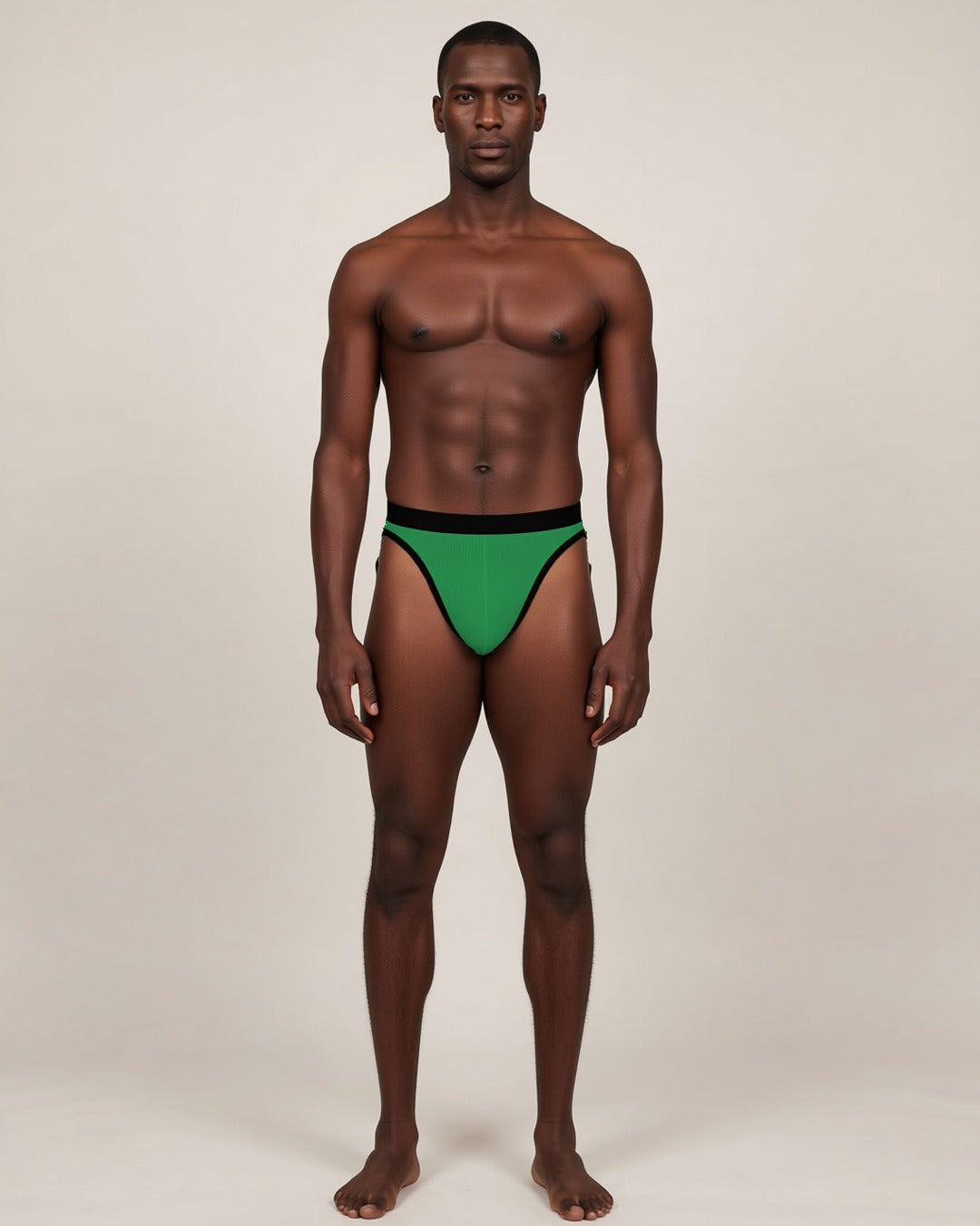Men's Soft U-Pouch Briefs in green, front view on a model.