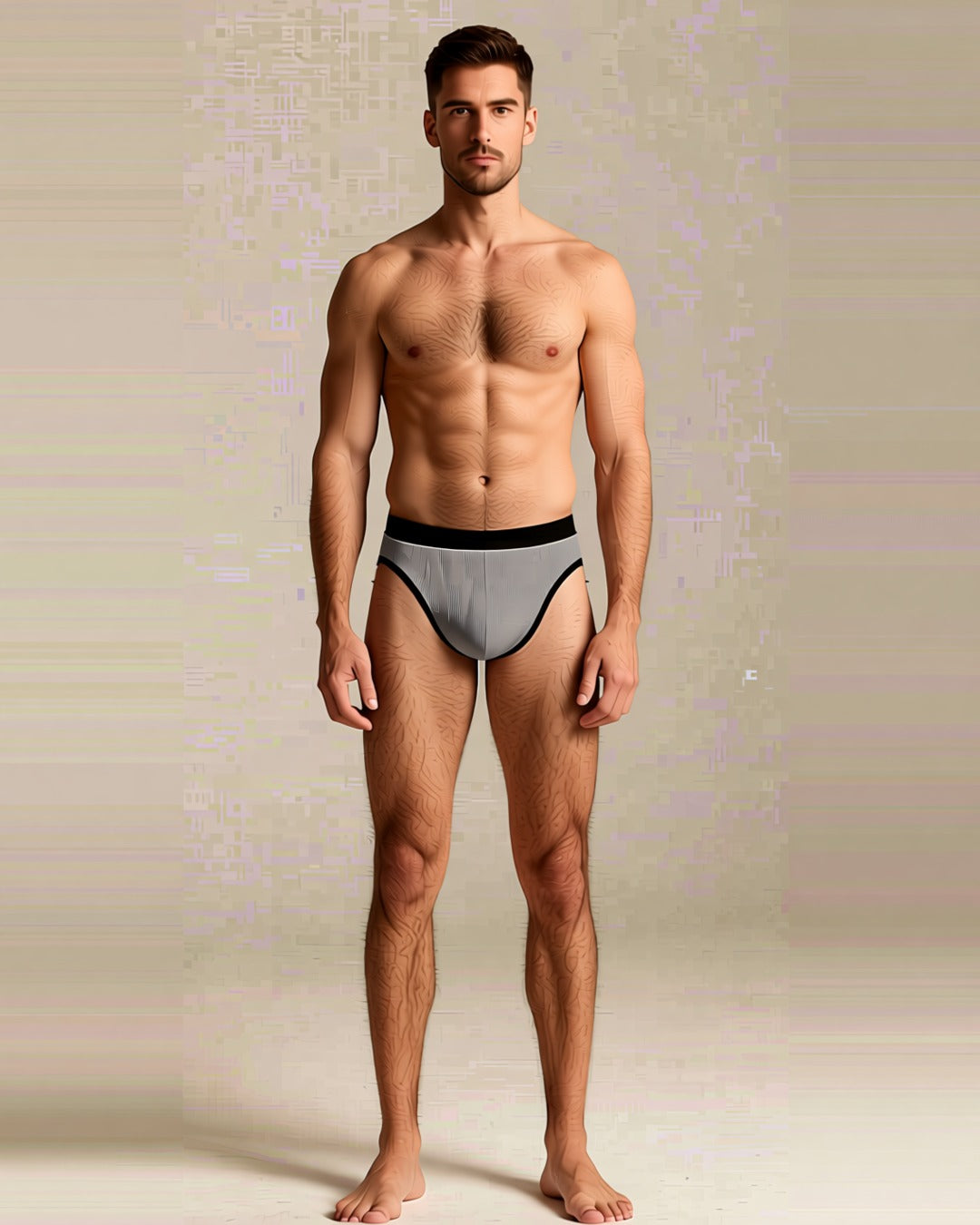 Men's Soft U-Pouch Briefs in grey, front view on a model.