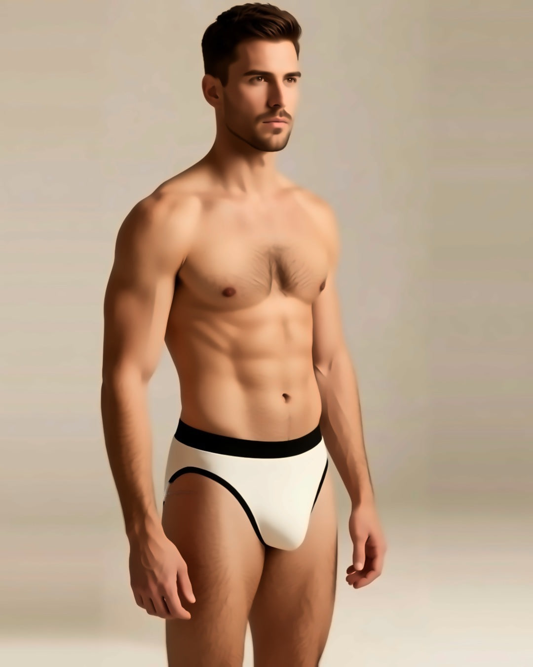 Men's Soft U-Pouch Briefs in white, three-quarter view on a model, second model.