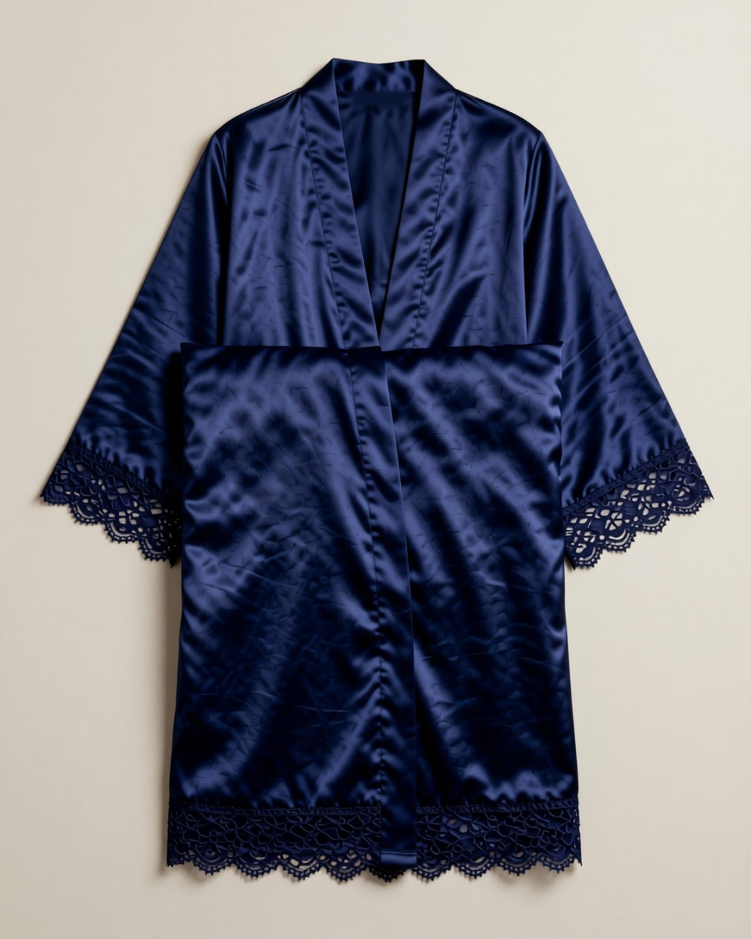 Navy Satin Robe with Lace Trim, laid flat to show the full piece.