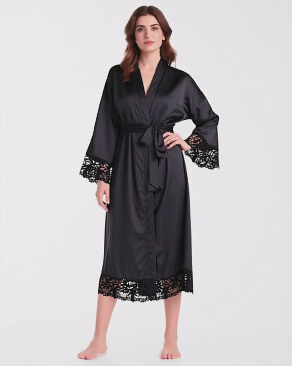 Long Satin Robe with Contrast Lace, short video of model Layla (EUP-W04) turning slowly. onmodel