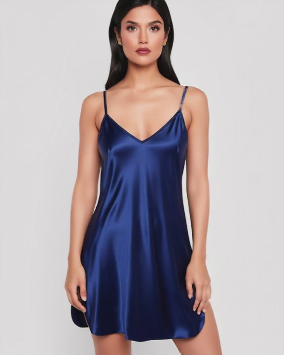 Satin V-Neck Slip with Side Slits, short video of model Salma (EUP-W02) turning slowly. onmodel