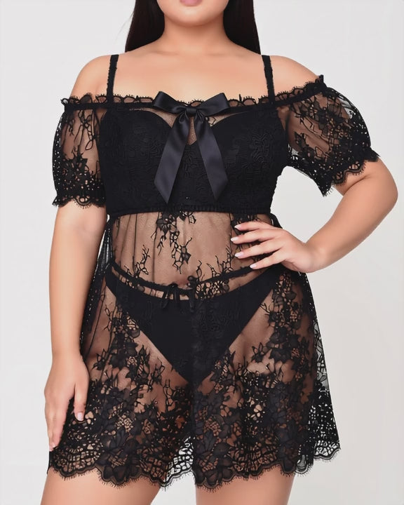 Plus Size Eyelash Lace Nightgown with Bow, short video of model Reem (EUP-W05) turning slowly. onmodel