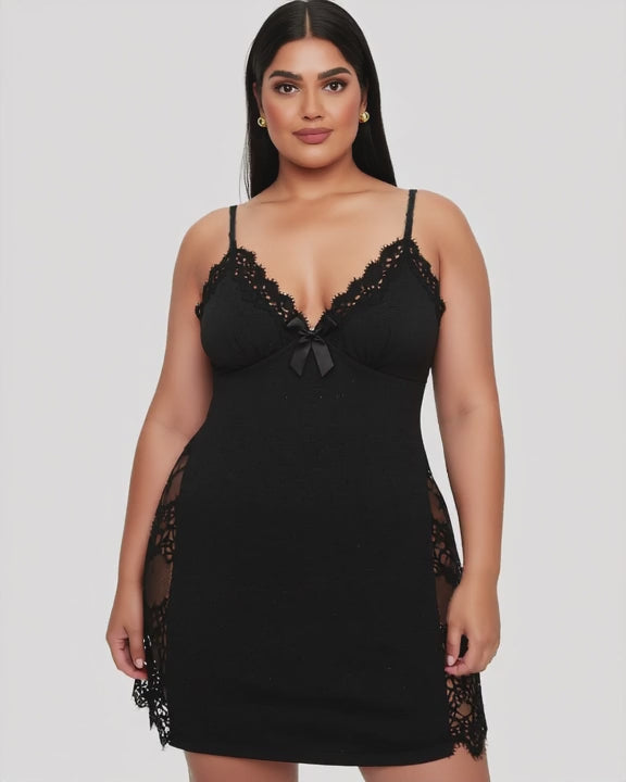Plus Size Nightdress with Lace Side Panels, short video of model Reem (EUP-W05) turning slowly. onmodel