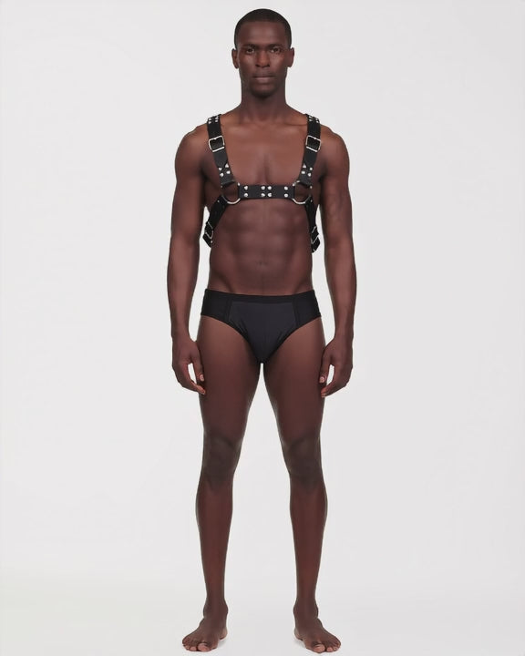 Gothic Chest Harness Body Strap, short video of model Tarek (EUP-M03) turning slowly. onmodel