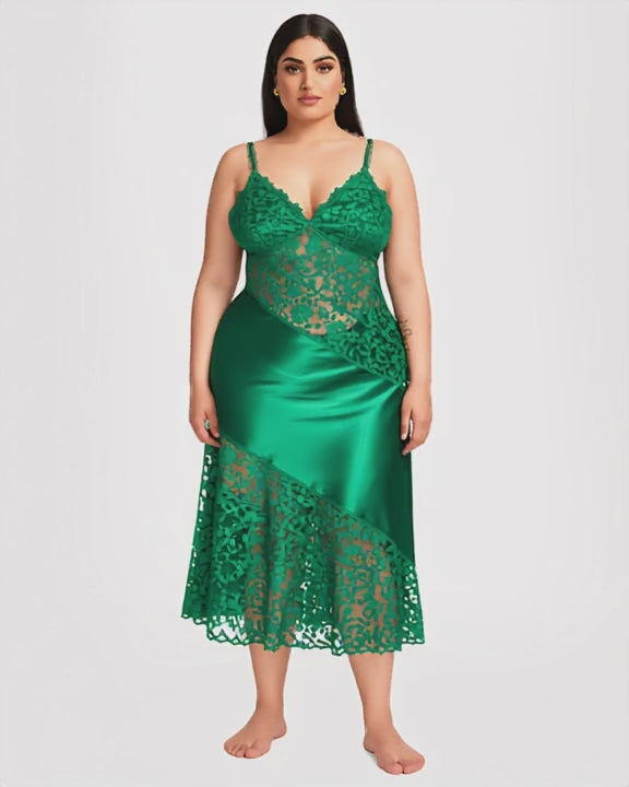 Plus Size Lace Panel Long Nightgown, short video of model Reem (EUP-W05) turning slowly. onmodel