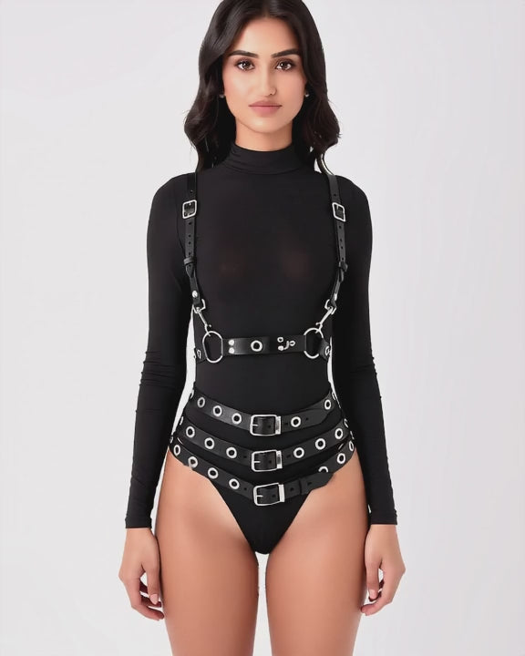 Multi-Layer Faux Leather Waist Cinch with Rivet Rings, short video of model Maya (EUP-W06) turning slowly. onmodel