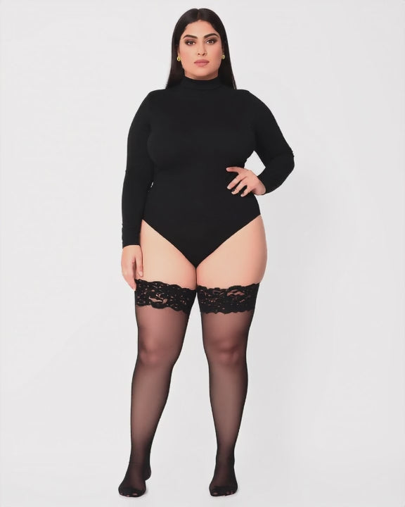 Plus Size Lace Top Thigh-High Stockings, short video of model Reem (EUP-W05) turning slowly. onmodel