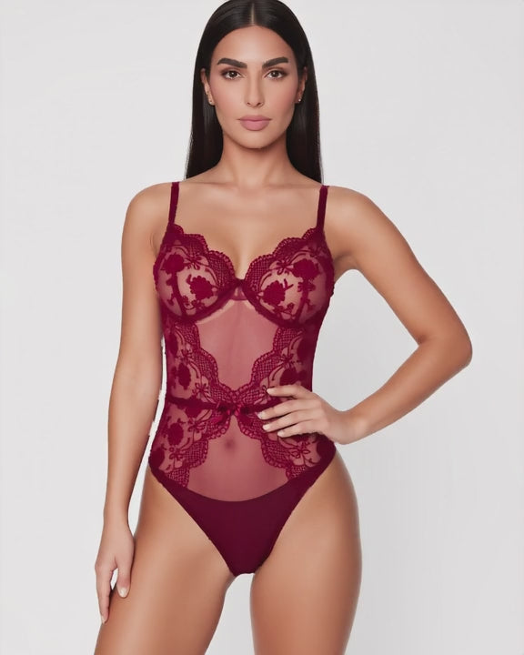 Embroidered Plunge Bodysuit with Mesh Panels, short video of model Dana (EUP-W09) turning slowly. onmodel