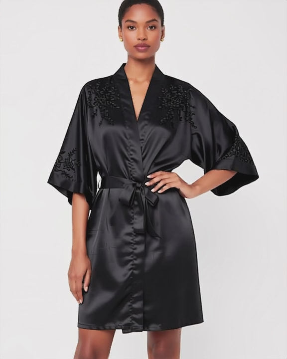 Black Satin Three-Quarter Sleeve Robe, short video of model Amira (EUP-W03) turning slowly. onmodel