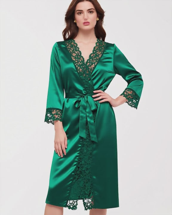 Lace Trim Satin Wrap Robe, short video of model Layla (EUP-W04) turning slowly. onmodel