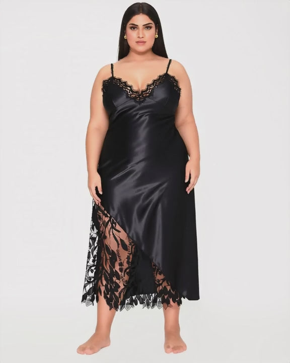 Plus Size Long Satin Slip with Lace Hem, short video of model Reem (EUP-W05) turning slowly. onmodel