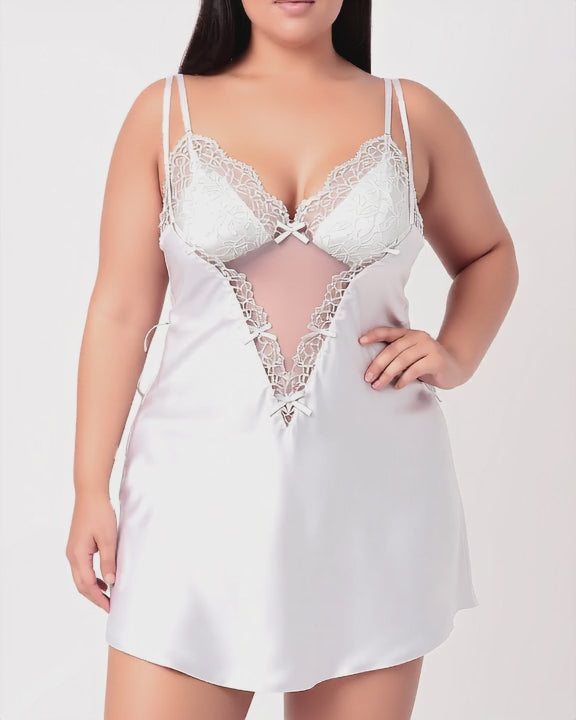 Plus Size Lace Trim Backless Slip Dress, short video of model Reem (EUP-W05) turning slowly. onmodel
