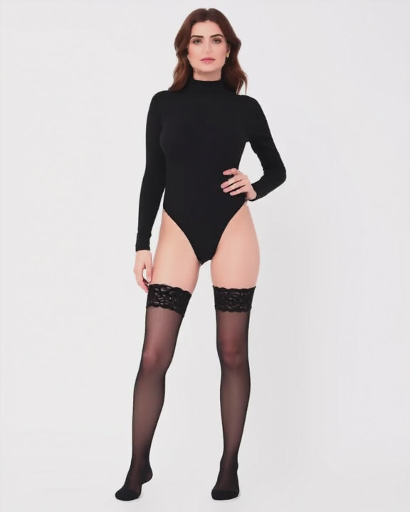 Plus Size Lace Top Thigh-High Socks, 3 Pairs, short video of model Layla (EUP-W04) turning slowly. The black bodysuit is styling only. onmodel