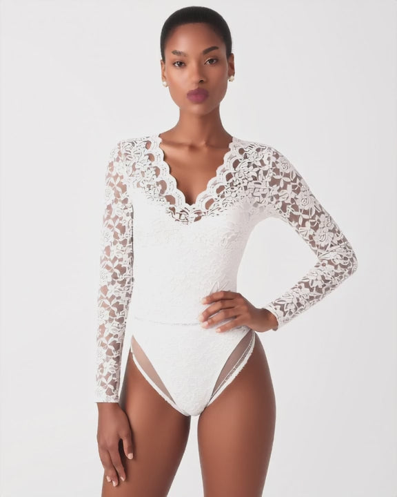 Rose Lace Long Sleeve Plunge Bodysuit, short video of model Amira (EUP-W03) turning slowly. onmodel