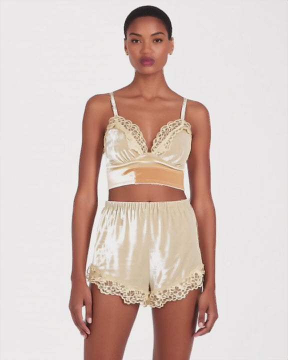 Crushed Velvet Bralette and Shorts Set, short video of model Amira (EUP-W03) turning slowly. onmodel