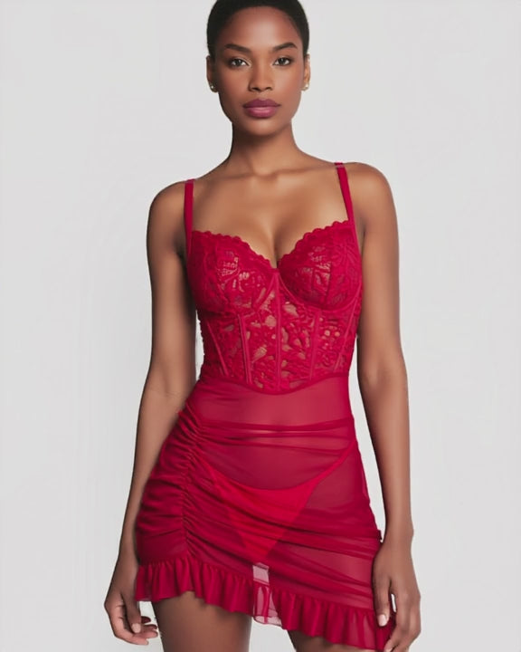 Lace Bustier Cami Nightdress with Mesh Skirt, short video of model Amira (EUP-W03) turning slowly. onmodel