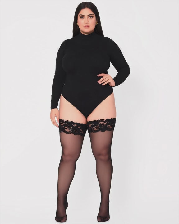 Plus Size Silicone Grip Lace Thigh Highs, short video of model Reem (EUP-W05) turning slowly. The black bodysuit is styling only. onmodel