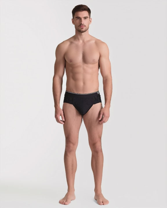 Men's Ultra-Thin Mesh Pouch Briefs, short video of model Karim (EUP-M01) turning slowly. onmodel