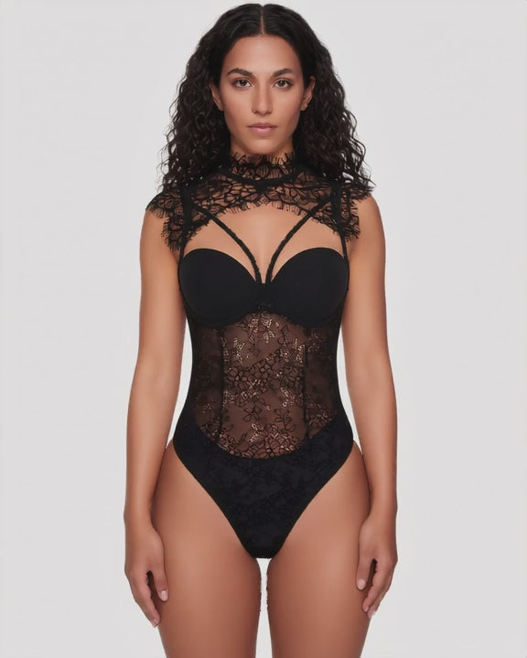 Eyelash Lace Crew Neck Cut-Out Bodysuit, short video of model Yasmin (EUP-W08) turning slowly. onmodel