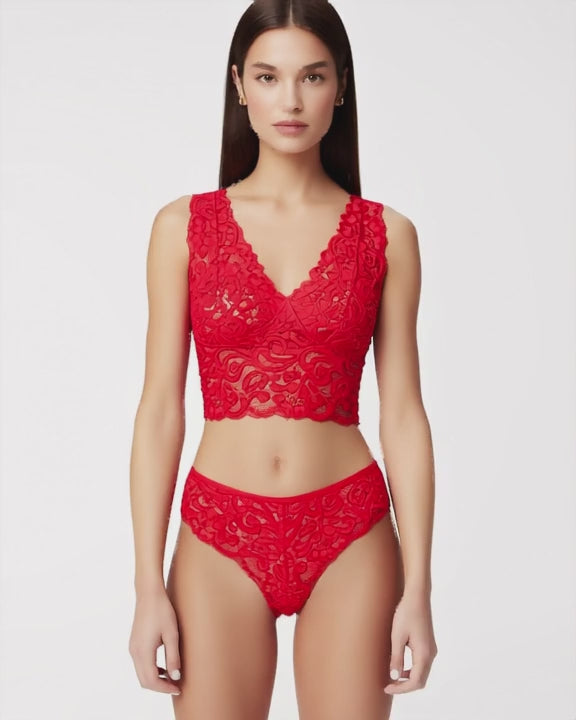 Red Floral Lace Camisole and Panty Set, short video of model Nour (EUP-W01) turning slowly. onmodel