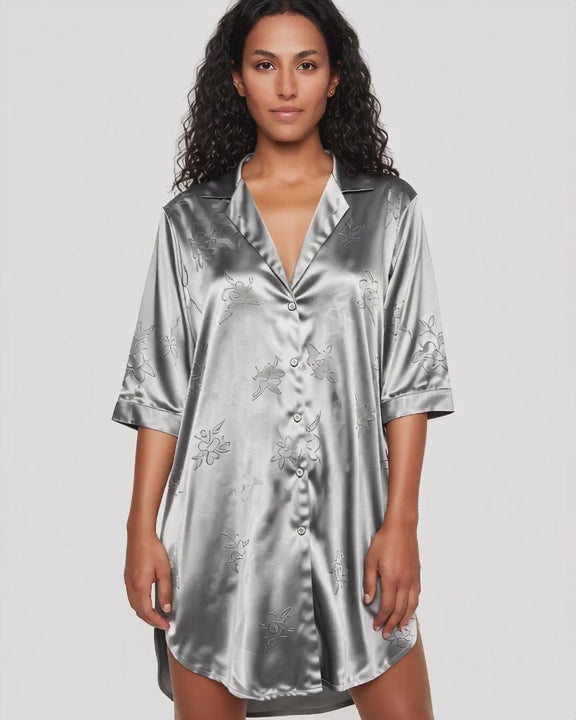 Satin Button-Up Sleep Shirt Dress, short video of model Yasmin (EUP-W08) turning slowly. onmodel