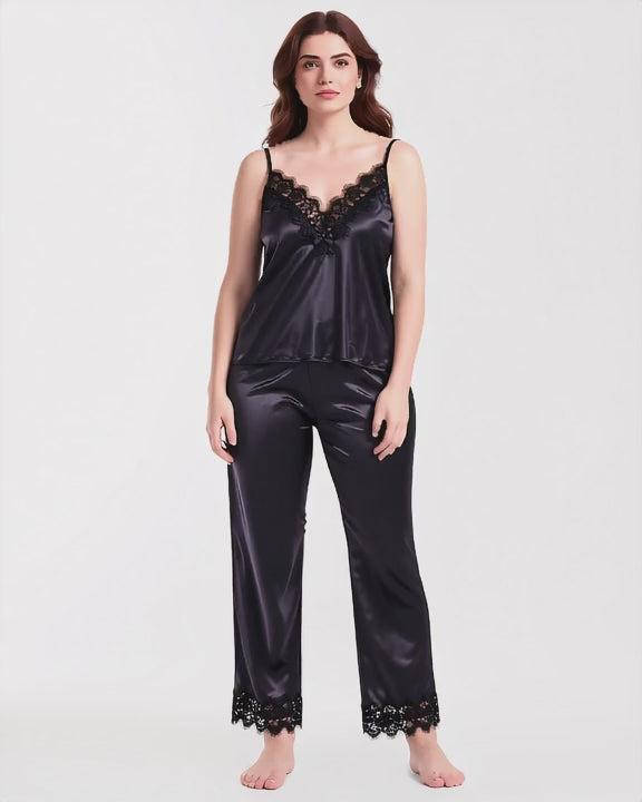 Satin Cami and Trousers Pyjama Set with Eyelash Lace, short video of model Layla (EUP-W04) turning slowly. onmodel