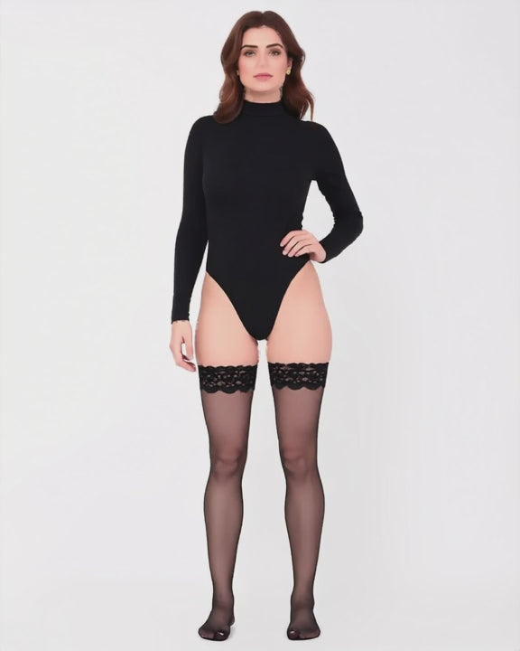 Back Seam Lace Top Stay-Up Stockings, short video of model Layla (EUP-W04) turning slowly. onmodel