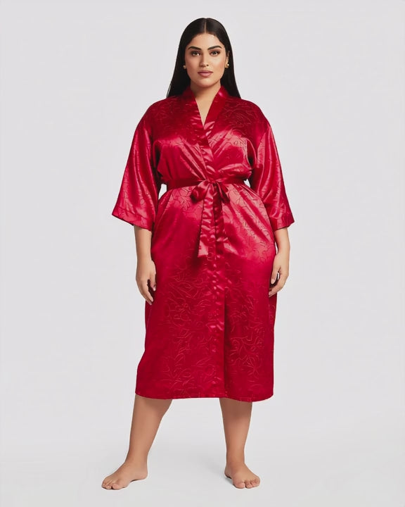 Plus Size Long Satin Robe, short video of model Reem (EUP-W05) turning slowly. onmodel