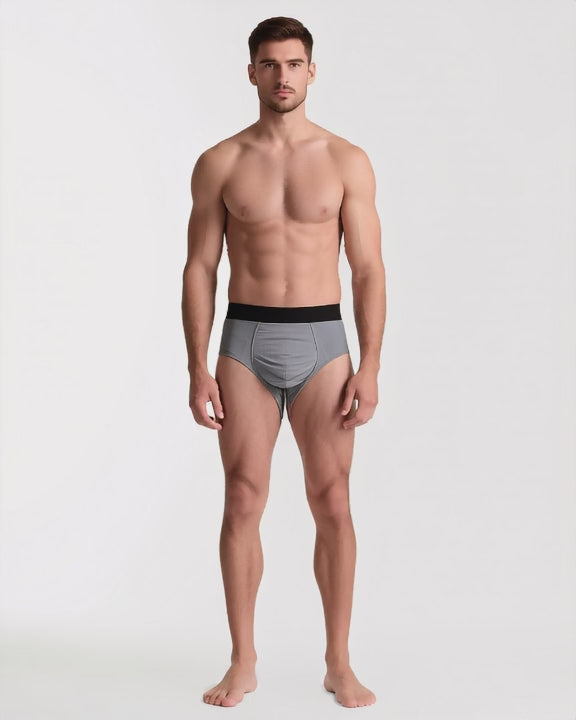 Men's Ultra-Thin Low-Rise Briefs with 3D Pouch in Grey, short video of model Karim (EUP-M01) turning slowly. onmodel