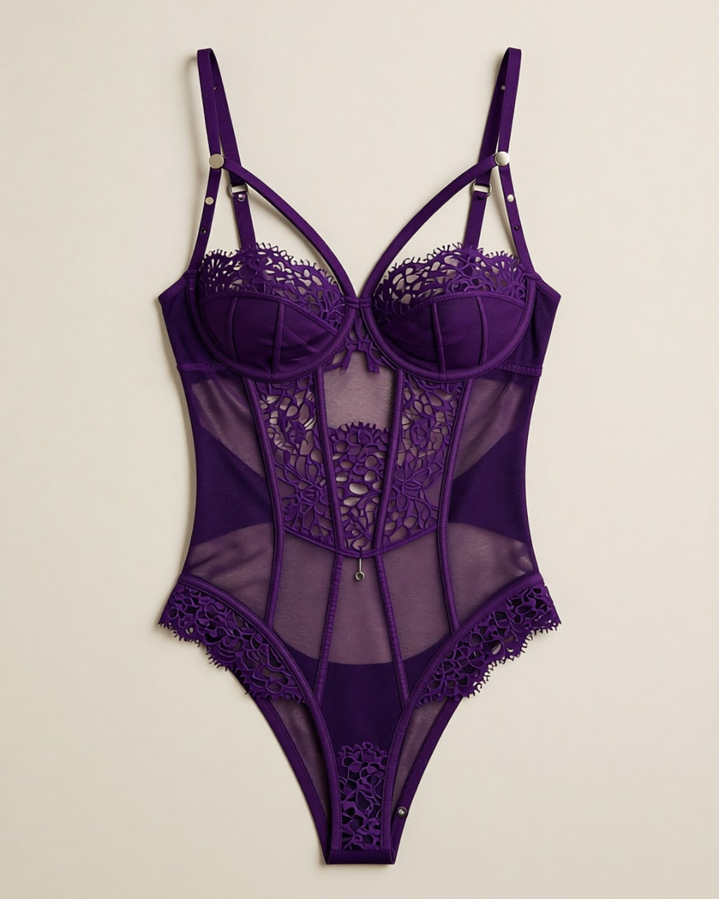 Purple Lace Bodysuit, laid flat to show the full piece.