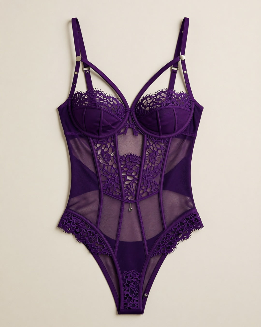 Purple Lace Bodysuit, laid flat to show the full piece.