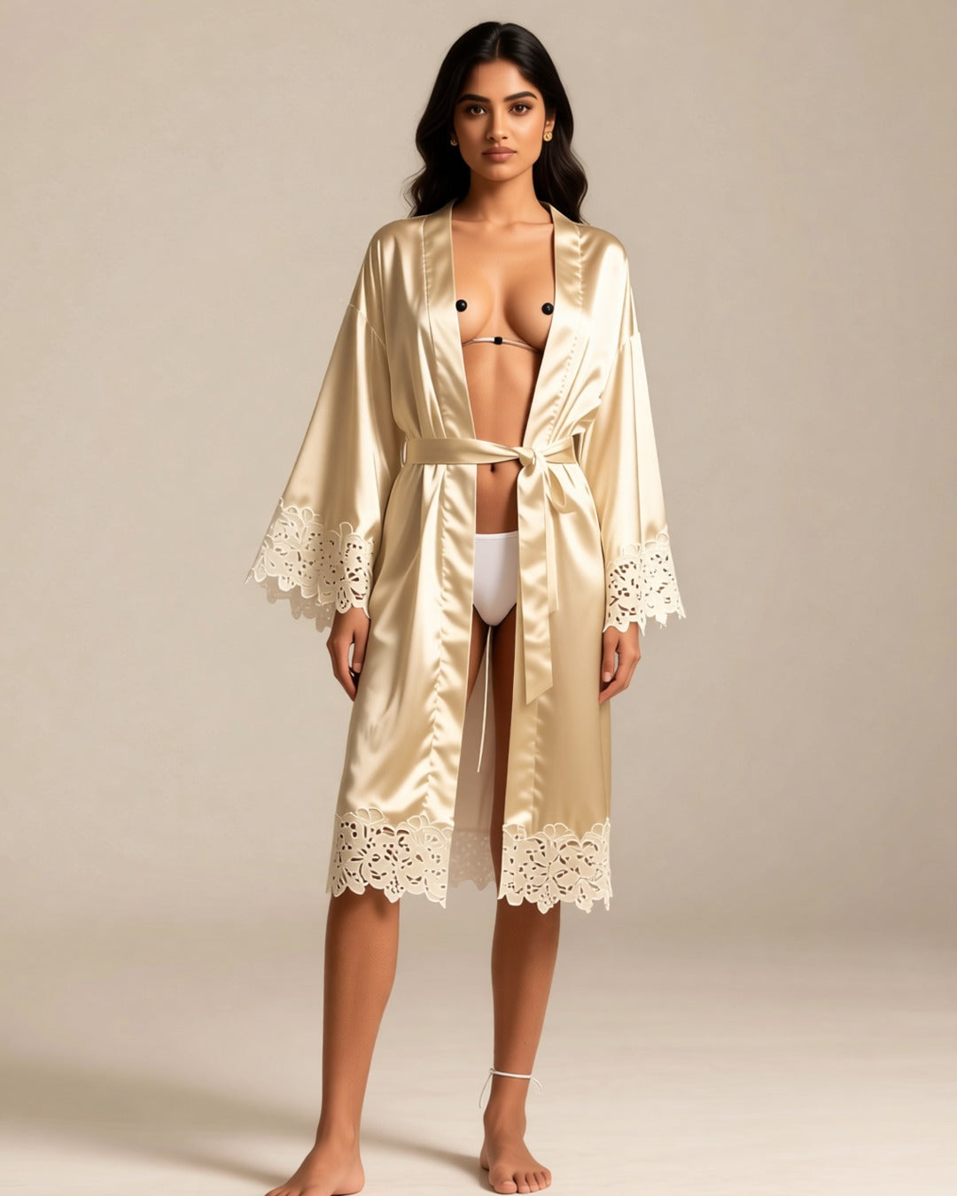 Satin and Lace Bride and Bridesmaid Robe in champagne, front view on a model. Pieces other than the robe are styling only.